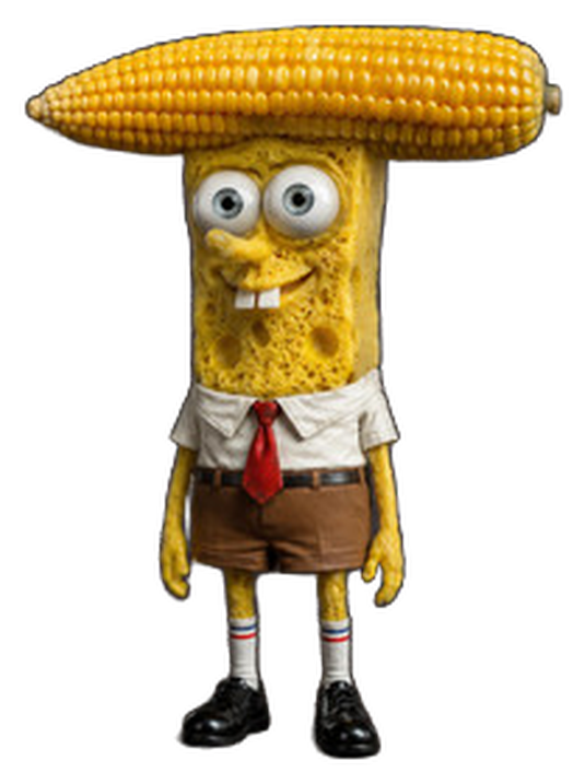 Corny Bob: a yellow sponge with a corn cob on his head, white shirt, red tie, brown shorts, striped socks and black shoes