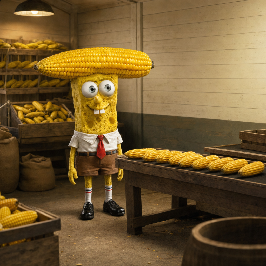 Corny Bob standing in a wooden corn storehouse beside a table lined with cobs